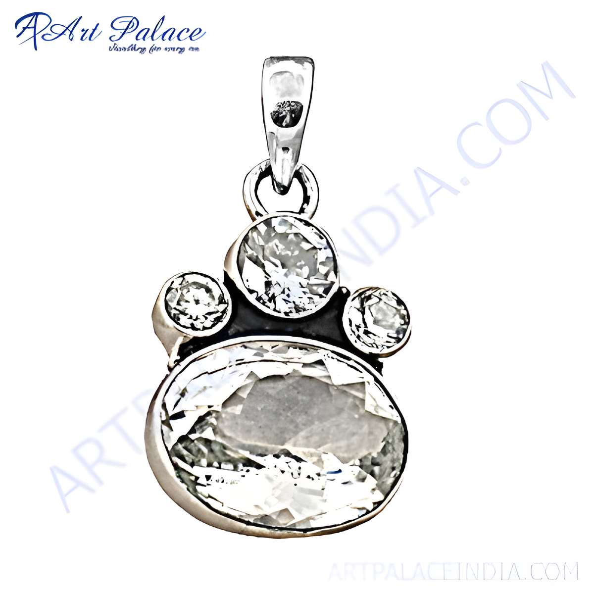 Sterling silver pendant featuring a large oval and three round cubic zirconia stones on a white background