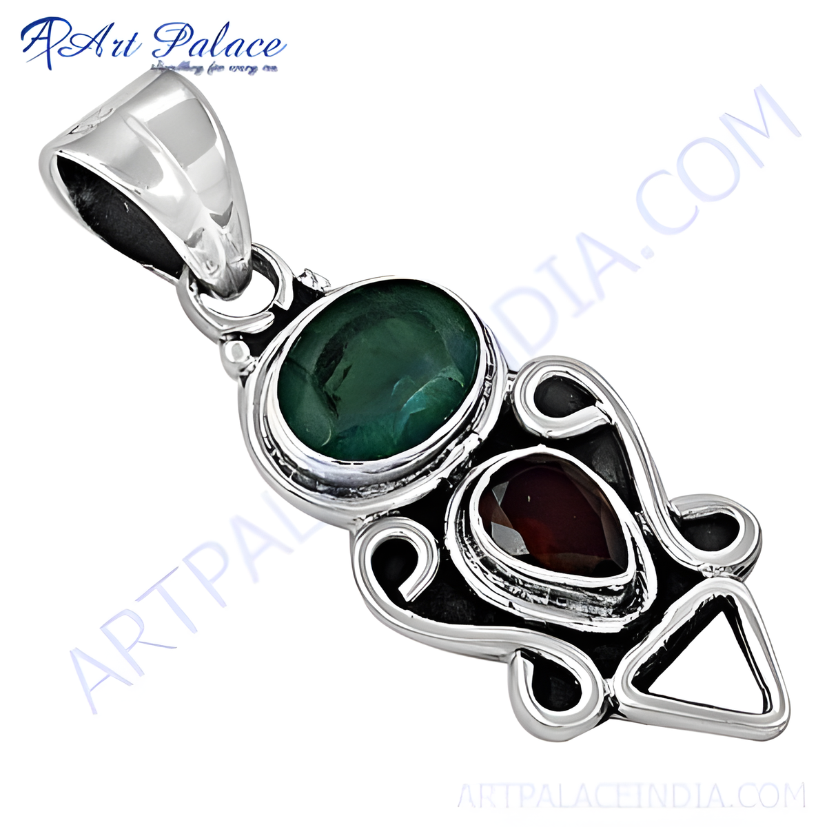 925 sterling silver pendant with green and maroon gemstones, a unique and elegant charm pendant design