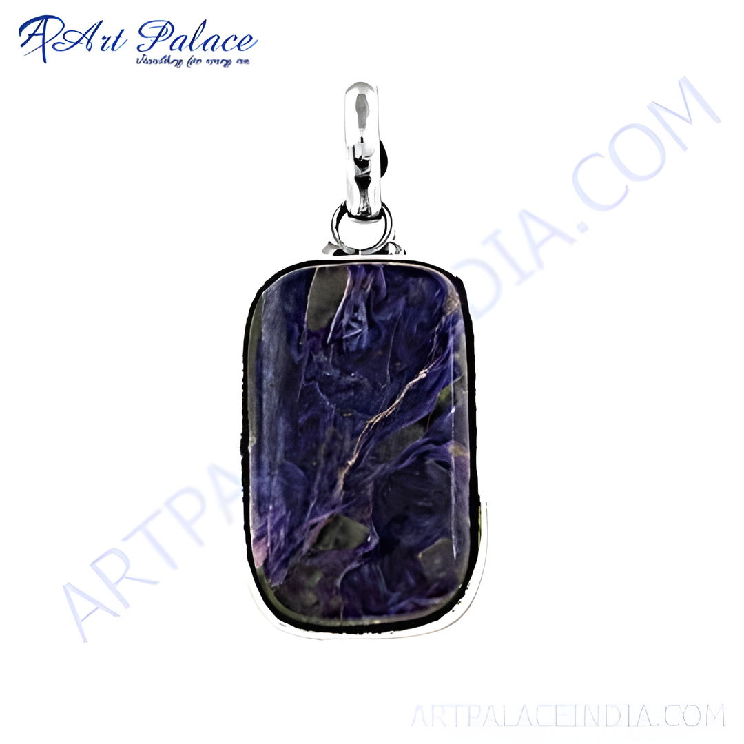 925 sterling silver charoite pendant with a rectangular purple gemstone. Features a silver bail.