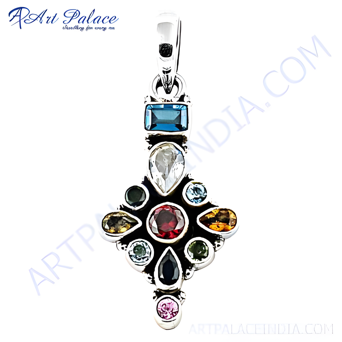 Sterling silver multi gemstone pendant with various colorful gemstones