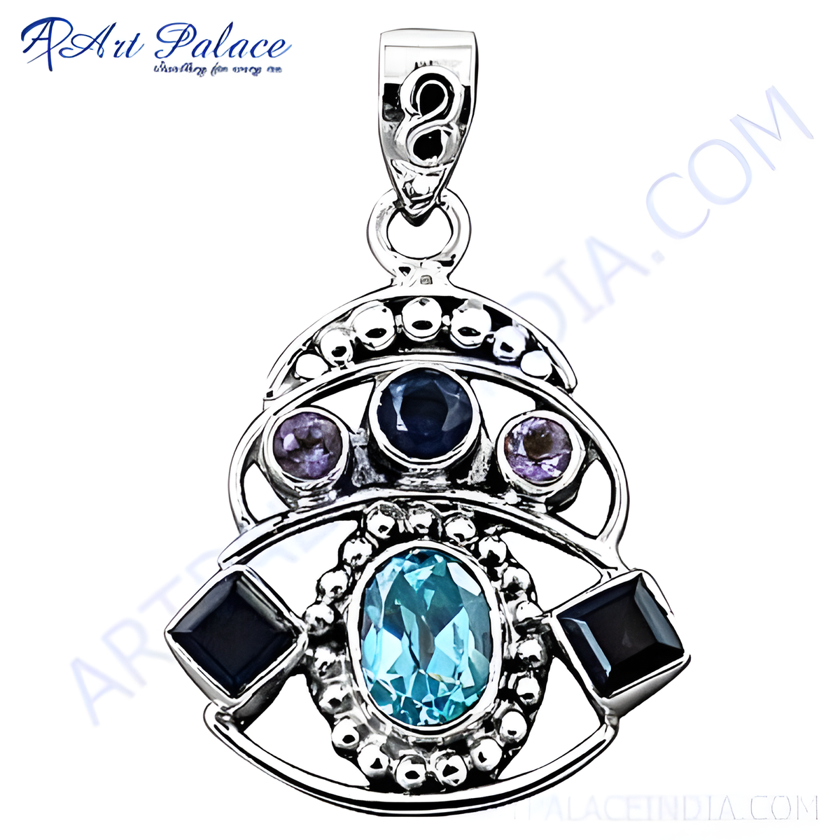 925 sterling silver gemstone pendant necklace featuring blue and purple gemstones