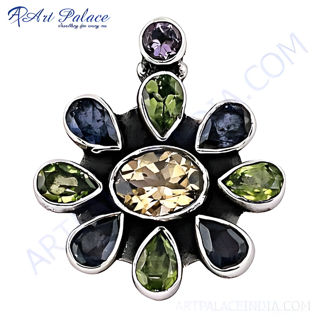 925 sterling silver floral pendant necklace with multiple colorful gemstones, for women.