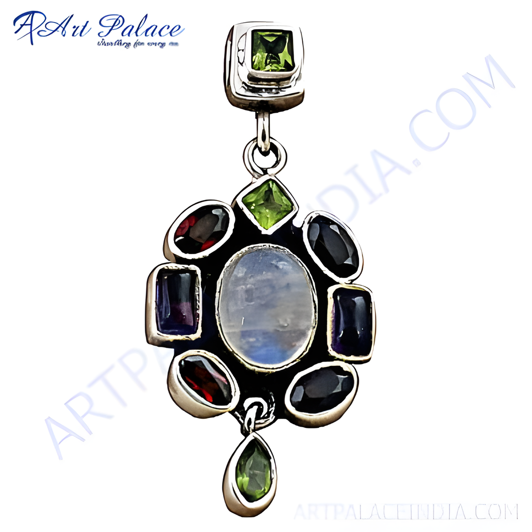 Sterling silver gemstone pendant necklace with moonstone and various colored gemstones.