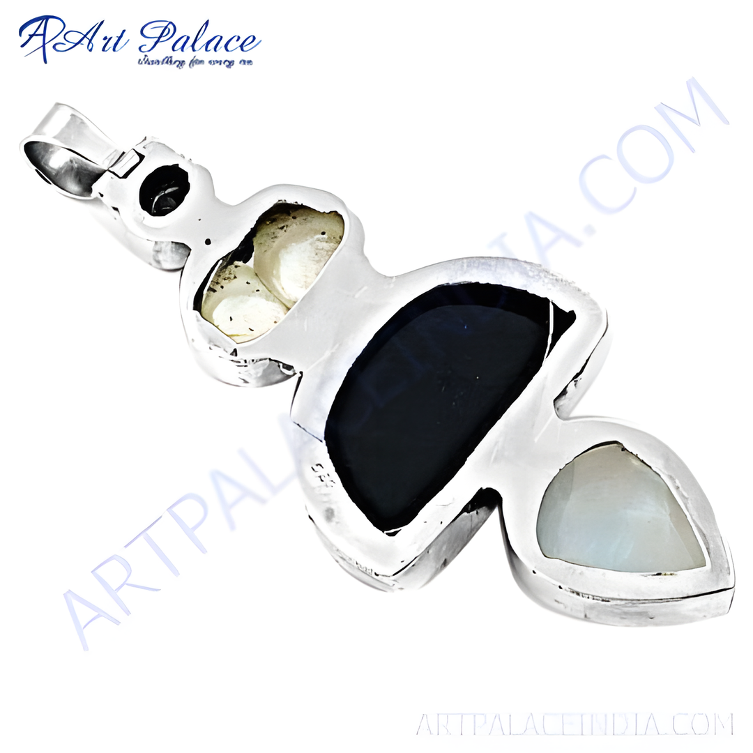 925 sterling silver gemstone pendant necklace featuring dark blue and white stones.