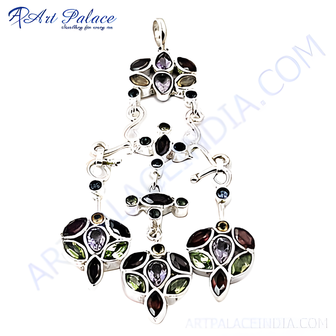 Sterling silver gemstone pendant necklace featuring a colorful mix of gemstones and elegant design.