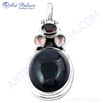 Load image into Gallery viewer, 925 sterling silver gemstone pendant featuring a large black gemstone and smaller pink gemstones
