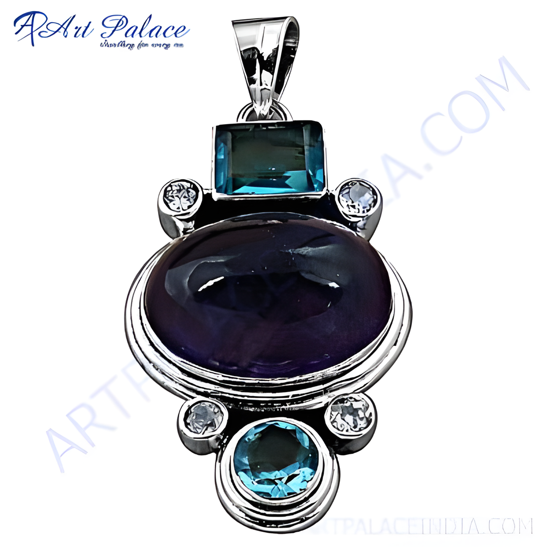 925 sterling silver pendant with a large purple amethyst gemstone and blue topaz accents, a beautiful gemstone pendant necklace.
