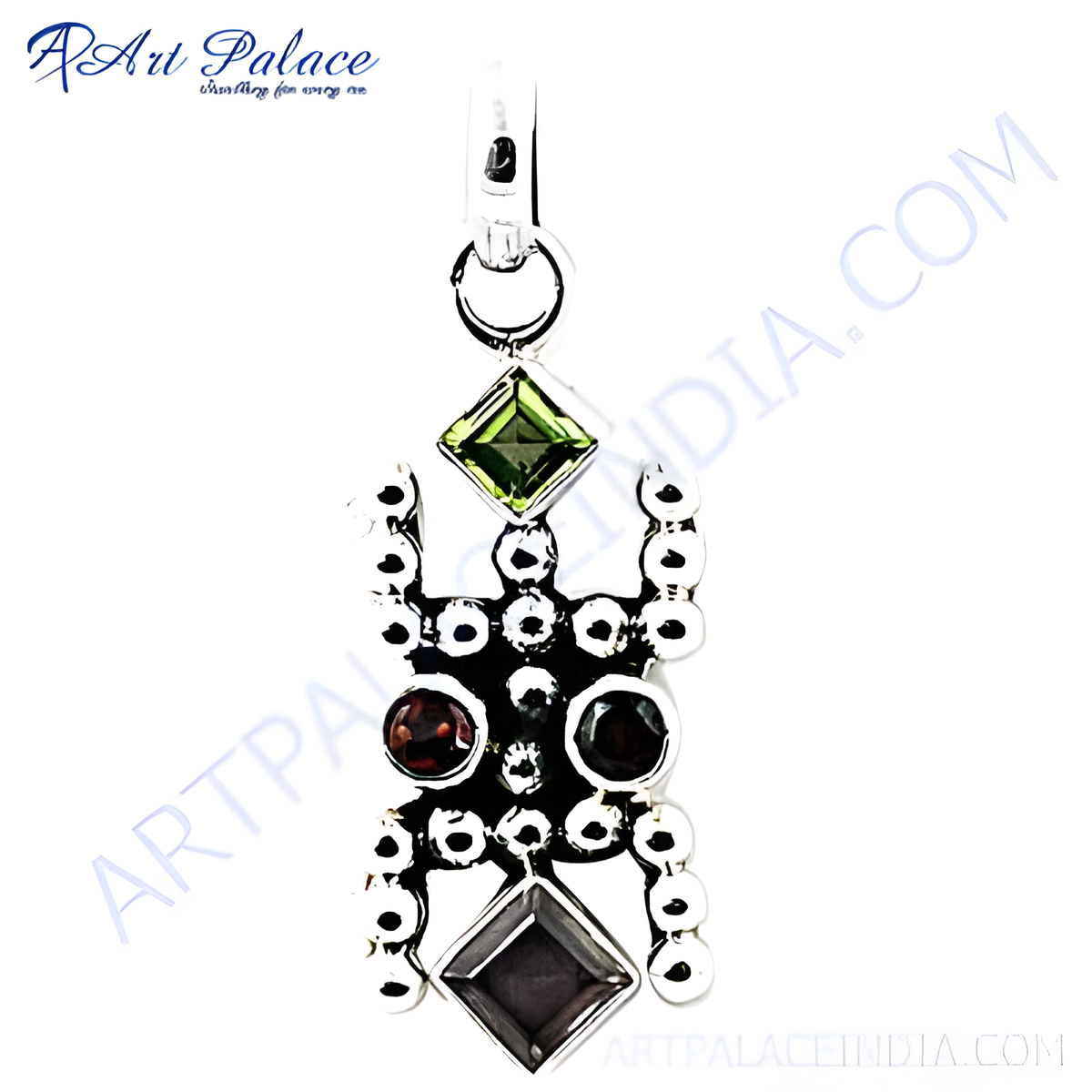 925 sterling silver gemstone pendant featuring peridot, garnet, and smoky quartz, a unique charm pendant