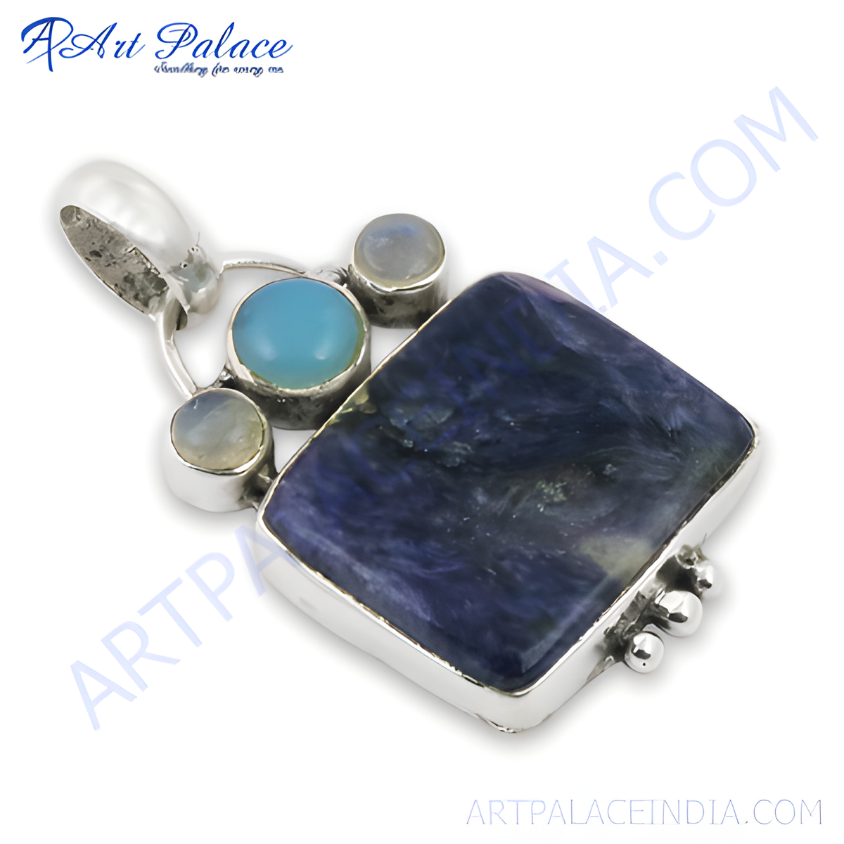 925 sterling silver charoite pendant with blue and moonstone gemstone accents