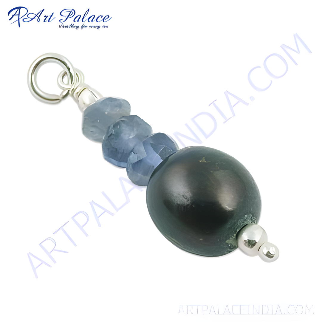 Sterling silver charm pendant with blue and black gemstones for women.