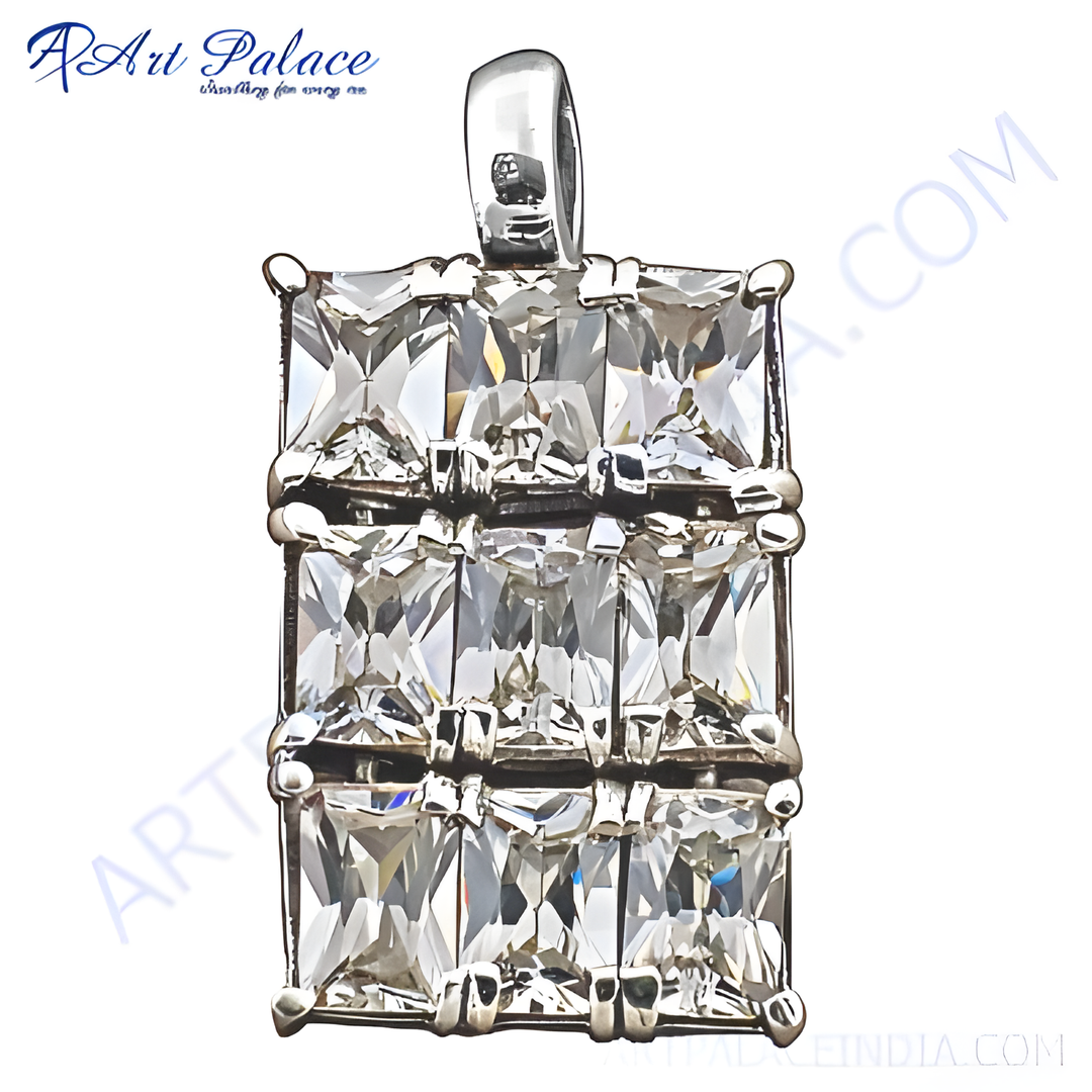 Silver pendant featuring rows of sparkling cubic zirconia stones.