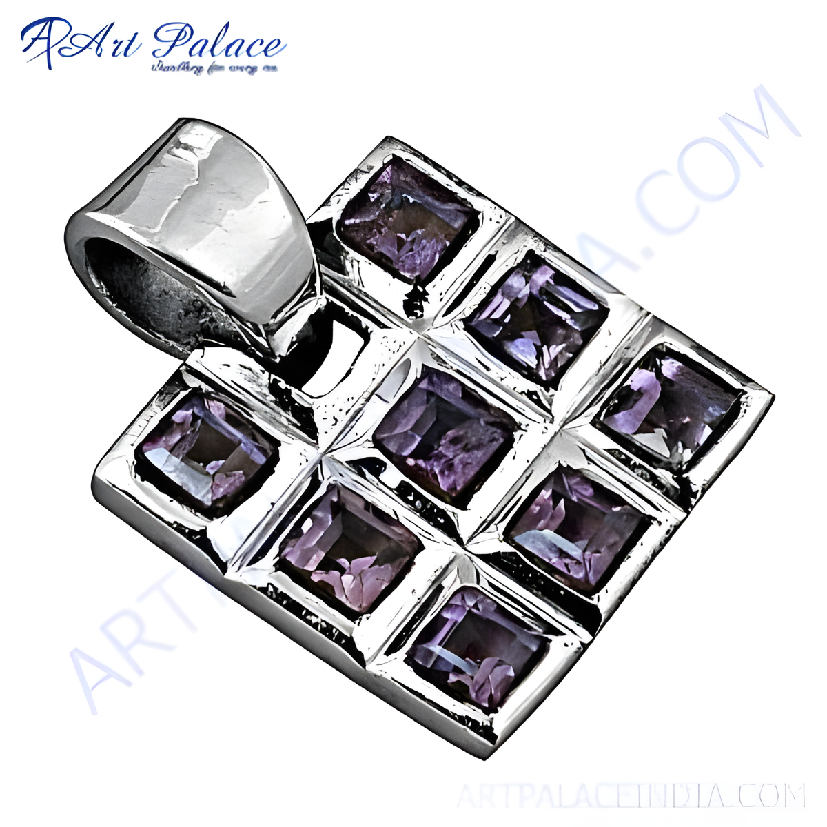 925 sterling silver square pendant featuring amethyst gemstones, ideal for women's jewelry