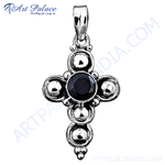 Load image into Gallery viewer, Sterling silver cross pendant with a black gemstone center. A religious and elegant charm for everyday wear.
