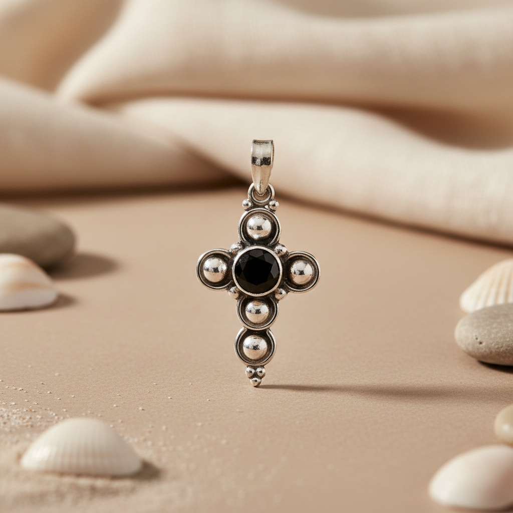 925 Silver Black Stone Cross Pendant | Religious Jewelry Gift