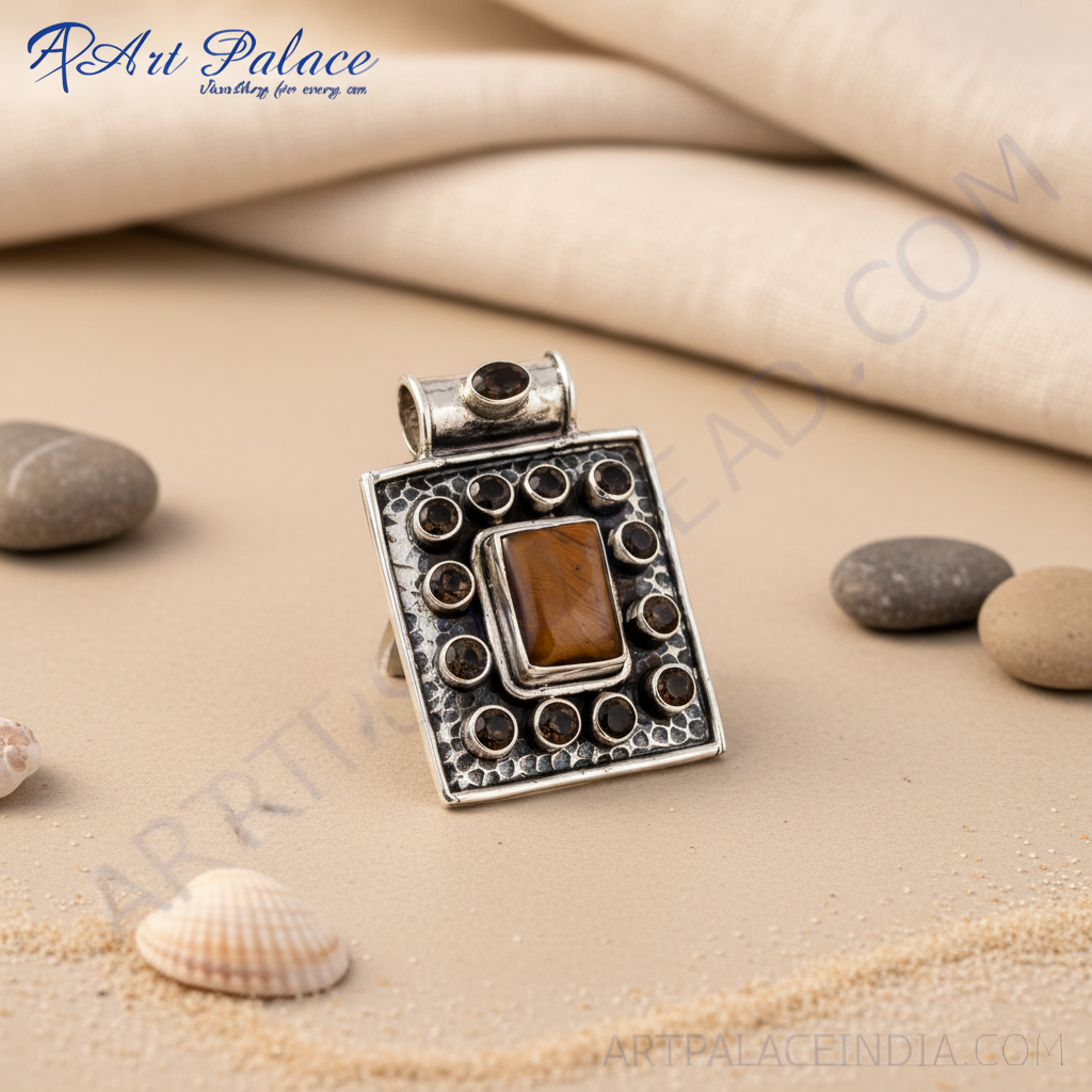 925 Silver Tiger Eye Pendant | Geometric Gemstone Necklace