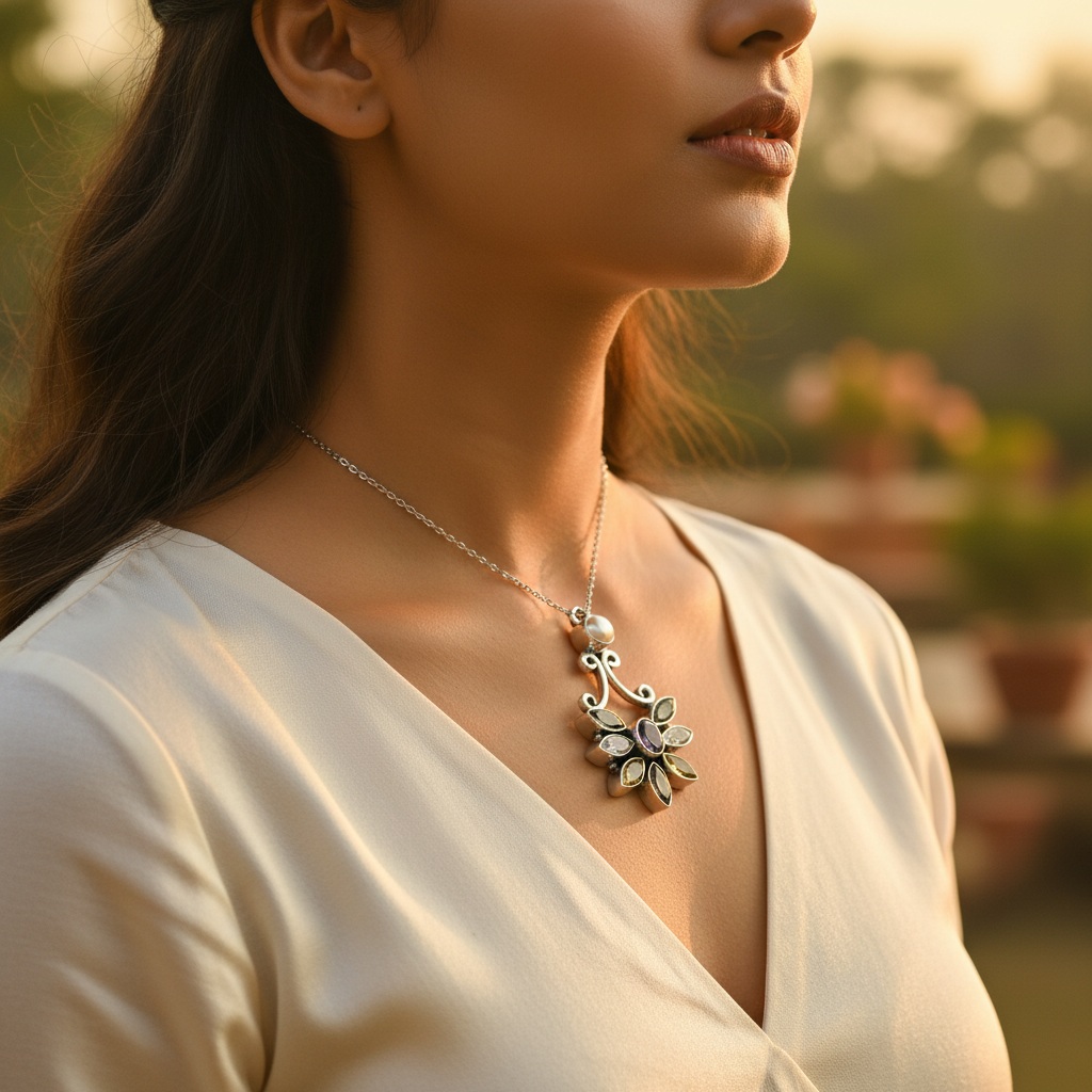 925 Silver Multi-Gemstone Flower Pendant for Women | Art Jewelry
