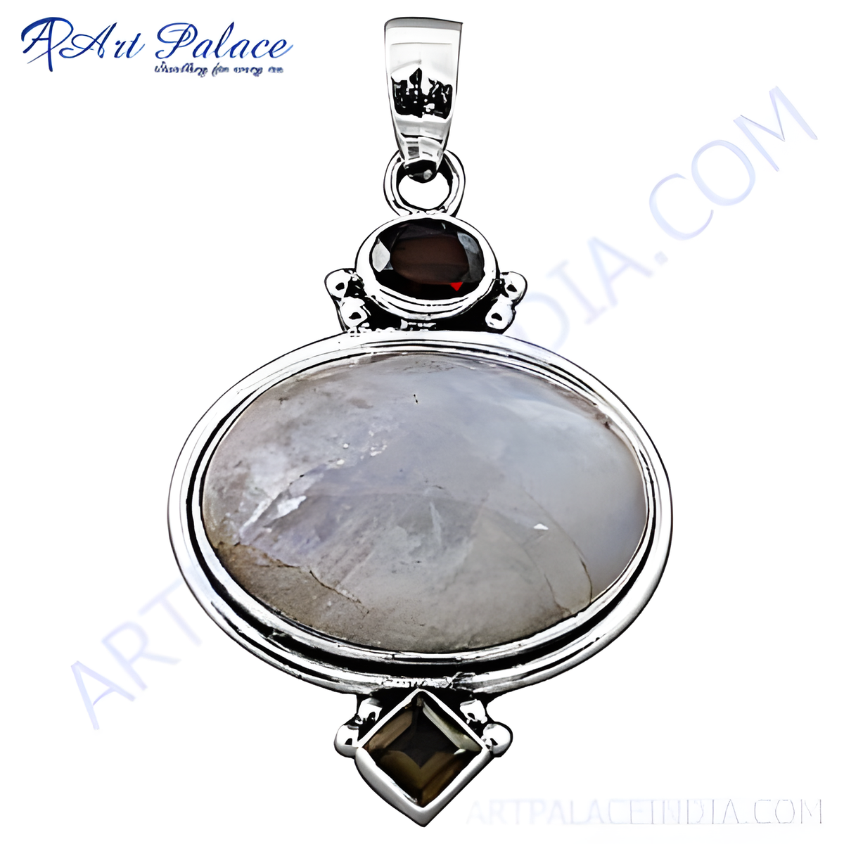 Sterling silver moonstone pendant with a large oval shaped iridescent gemstone, complemented by small accent gemstones, for women