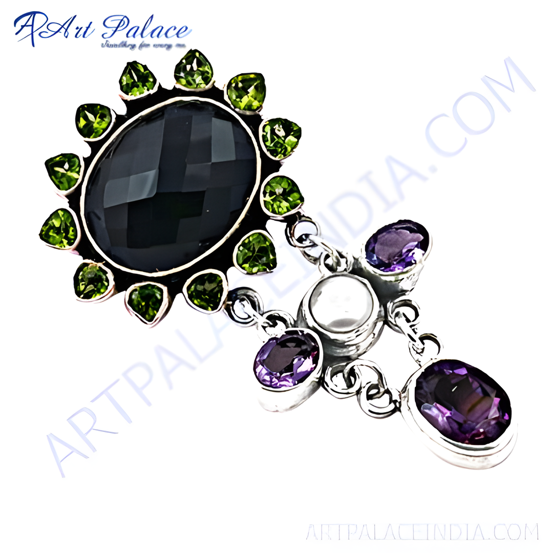 925 sterling silver pendant necklace with a large black onyx center stone, peridot accents, and amethyst details.