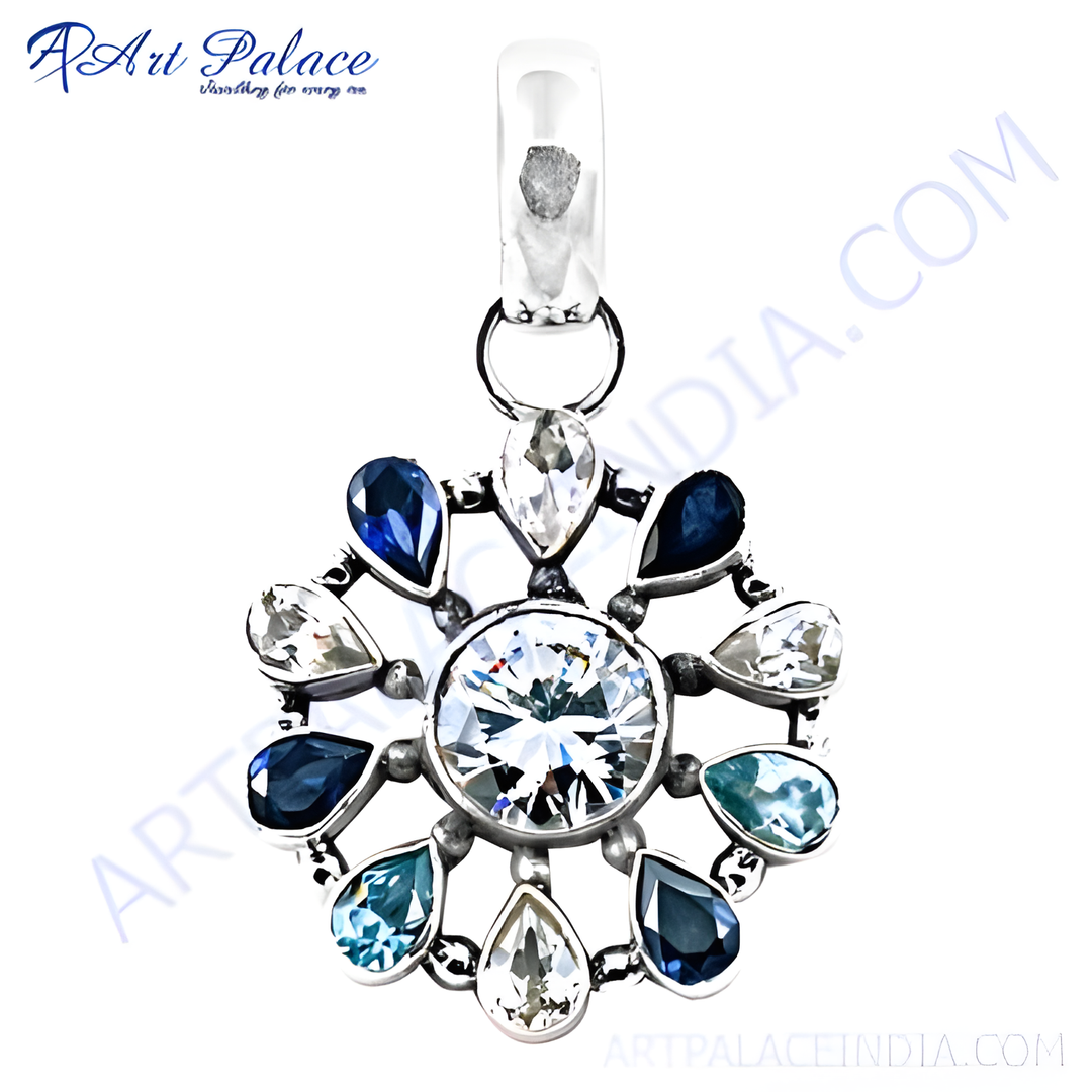 925 sterling silver flower pendant necklace with gemstones in blue and white colors.