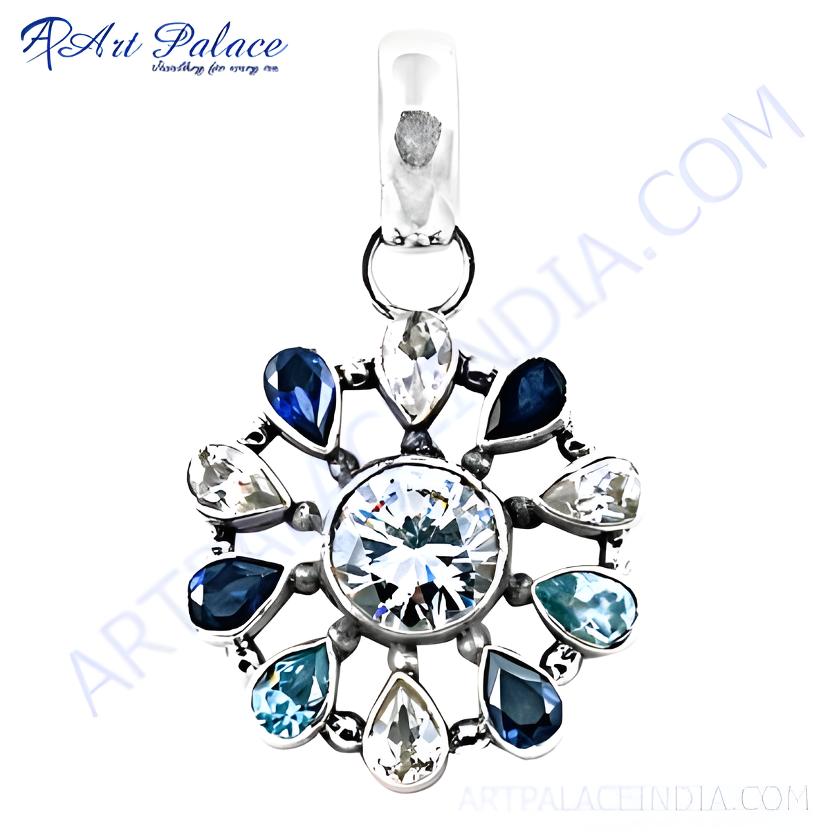 925 sterling silver flower pendant necklace with gemstones in blue and white colors