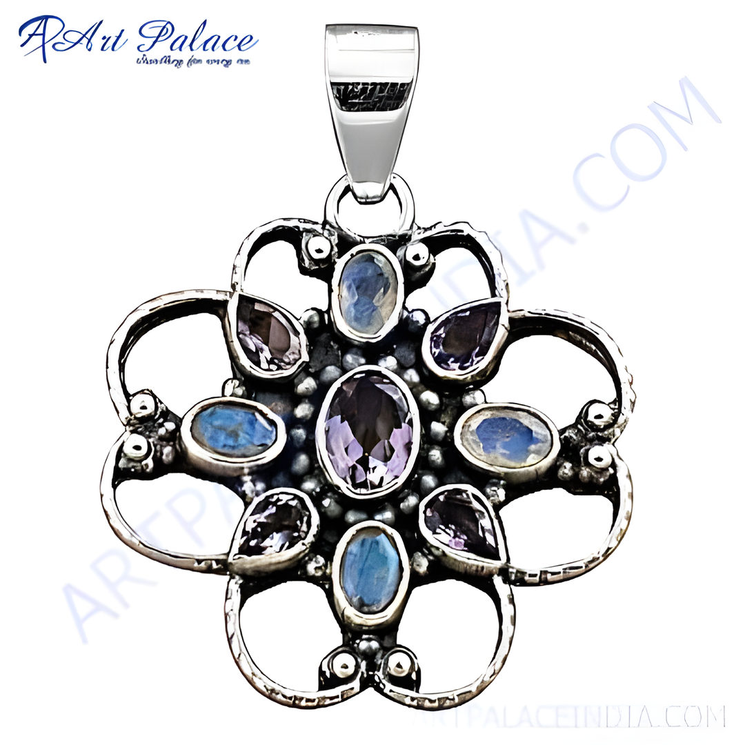 925 sterling silver flower pendant with amethyst and moonstone gemstones, a unique necklace design