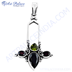 Load image into Gallery viewer, 925 sterling silver pendant with pear-shaped garnet, peridot, and oval garnet accents.
