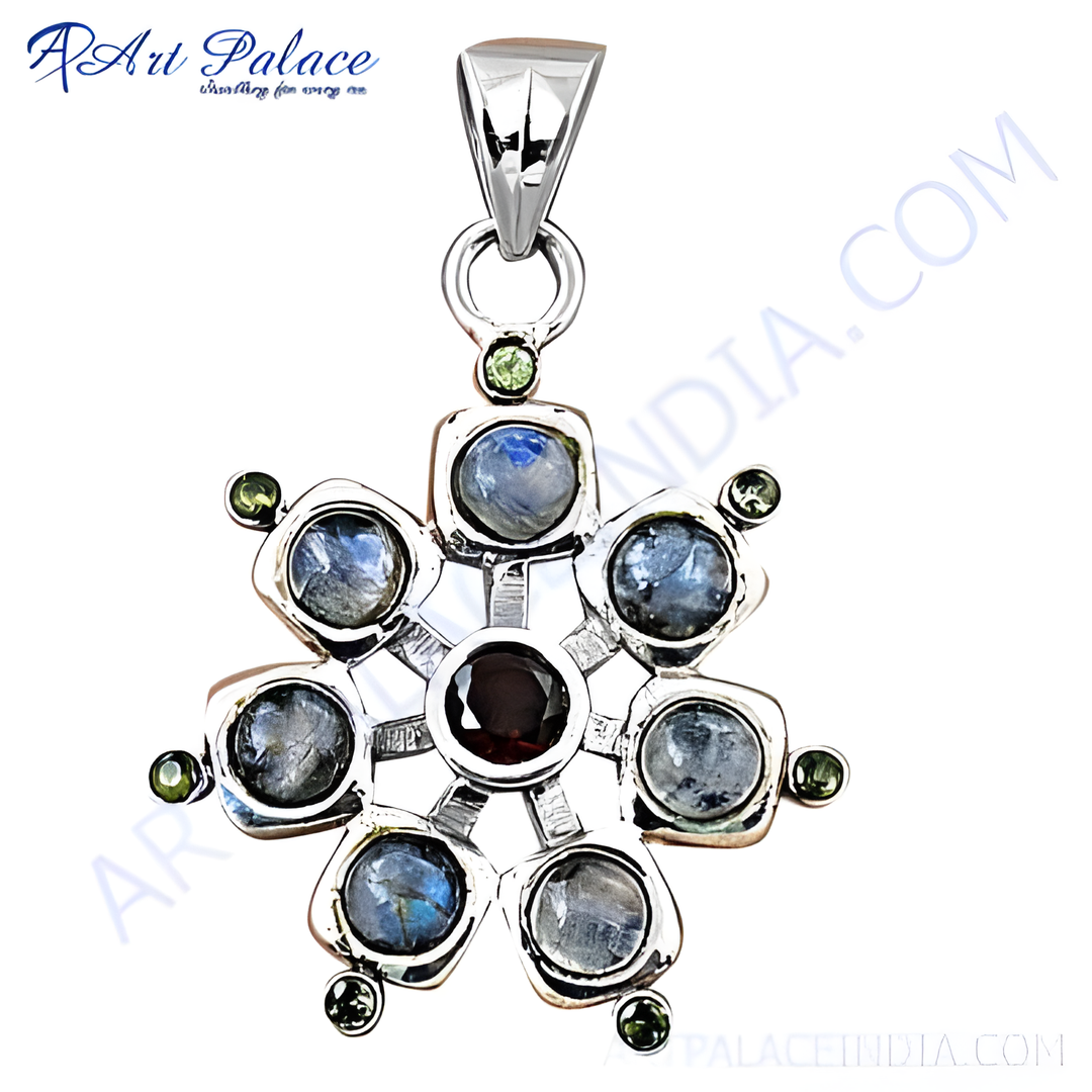 925 sterling silver gemstone pendant with moonstones and central garnet stone, snowflake design