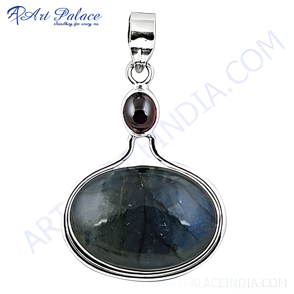 925 sterling silver labradorite and garnet pendant, a beautiful women's necklace with dark green and blue tones