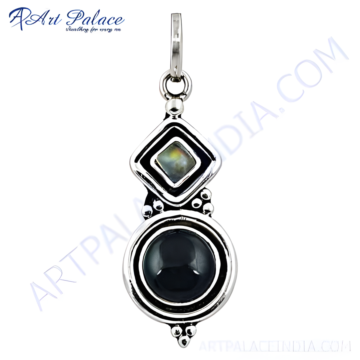 Sterling silver black onyx pendant with a round black gemstone and a square setting, a stylish accessory