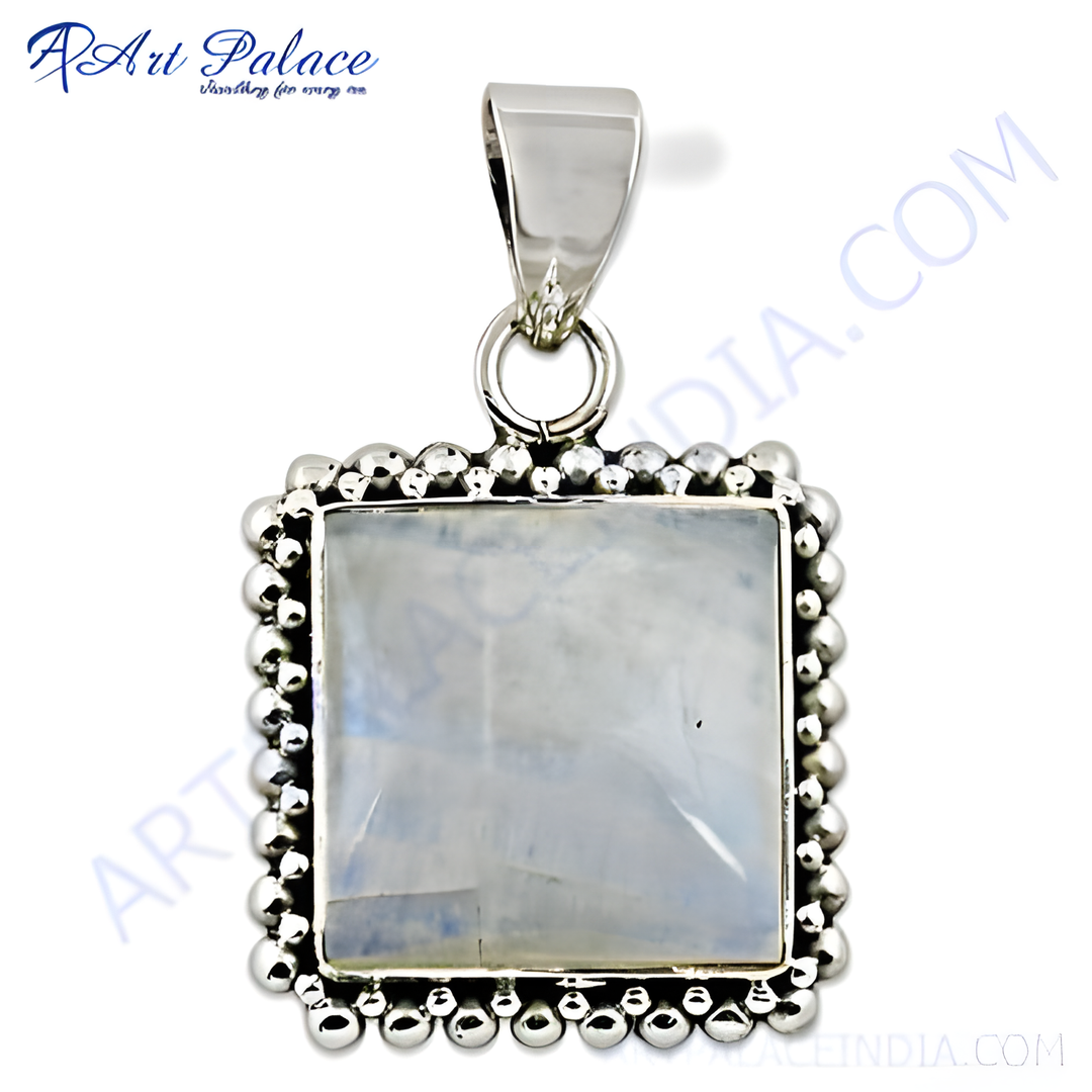 925 sterling silver moonstone square pendant. Features a milky, iridescent gemstone center.
