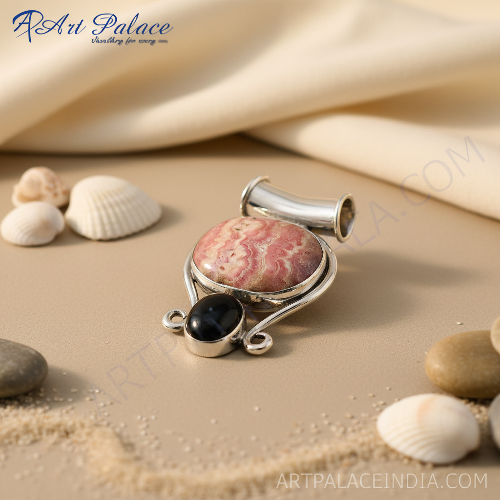 925 Silver Rhodonite & Onyx Pendant for Women | Gemstone Jewelry