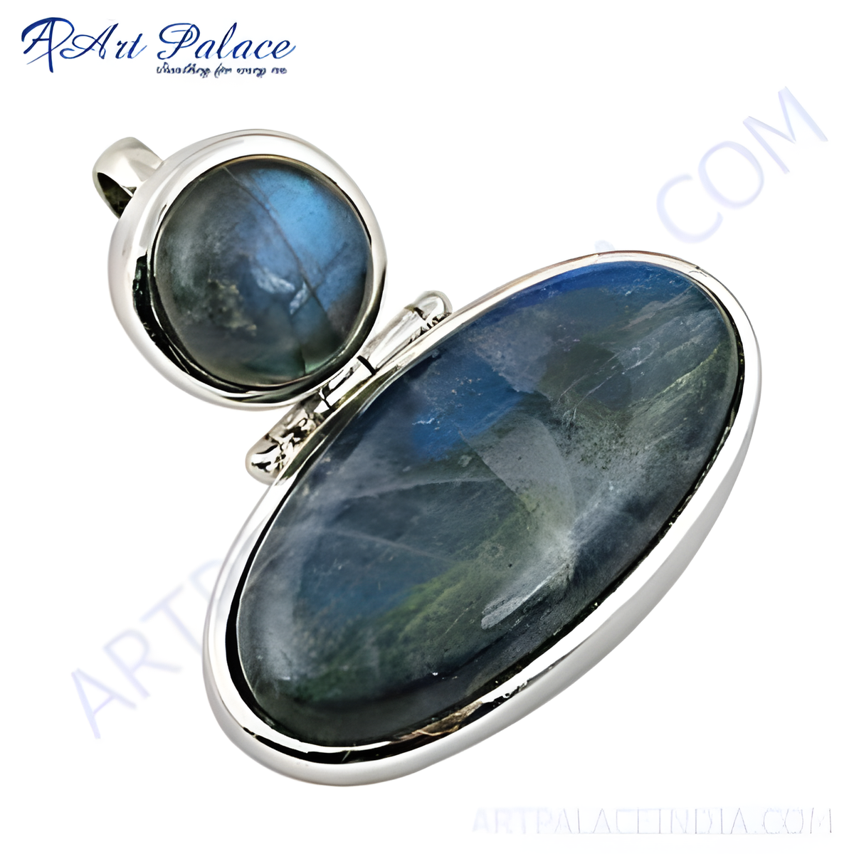 925 sterling silver pendant with oval and round labradorite gemstone, featuring blue and iridescent colors