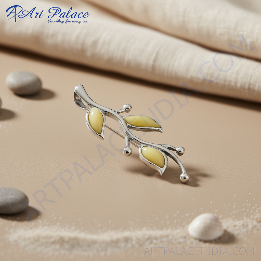 Silver Leaf Pendant with Yellow Gemstones | Women's Jewelry Gift