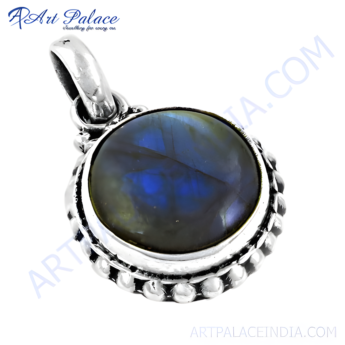 925 sterling silver labradorite pendant with a round, iridescent blue gemstone, perfect for necklace