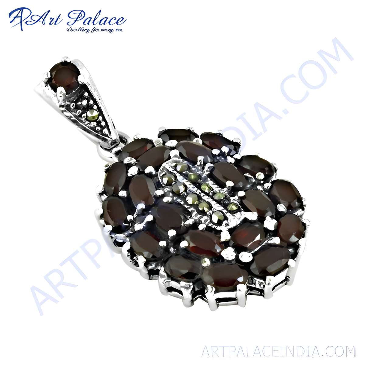 925 sterling silver garnet pendant with oval cut red gemstones and marcasite detailing