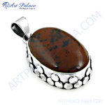Load image into Gallery viewer, 925 sterling silver bloodstone pendant, oval gemstone in a silver setting, brown and green stone jewelry
