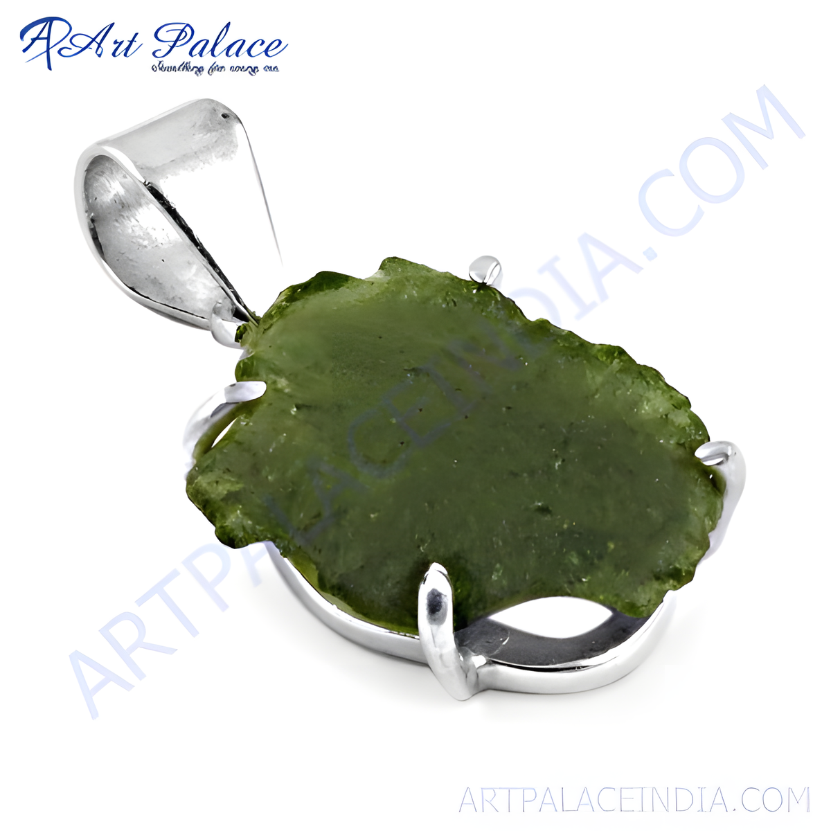 Sterling silver pendant with a green moldavite gemstone, perfect for necklace