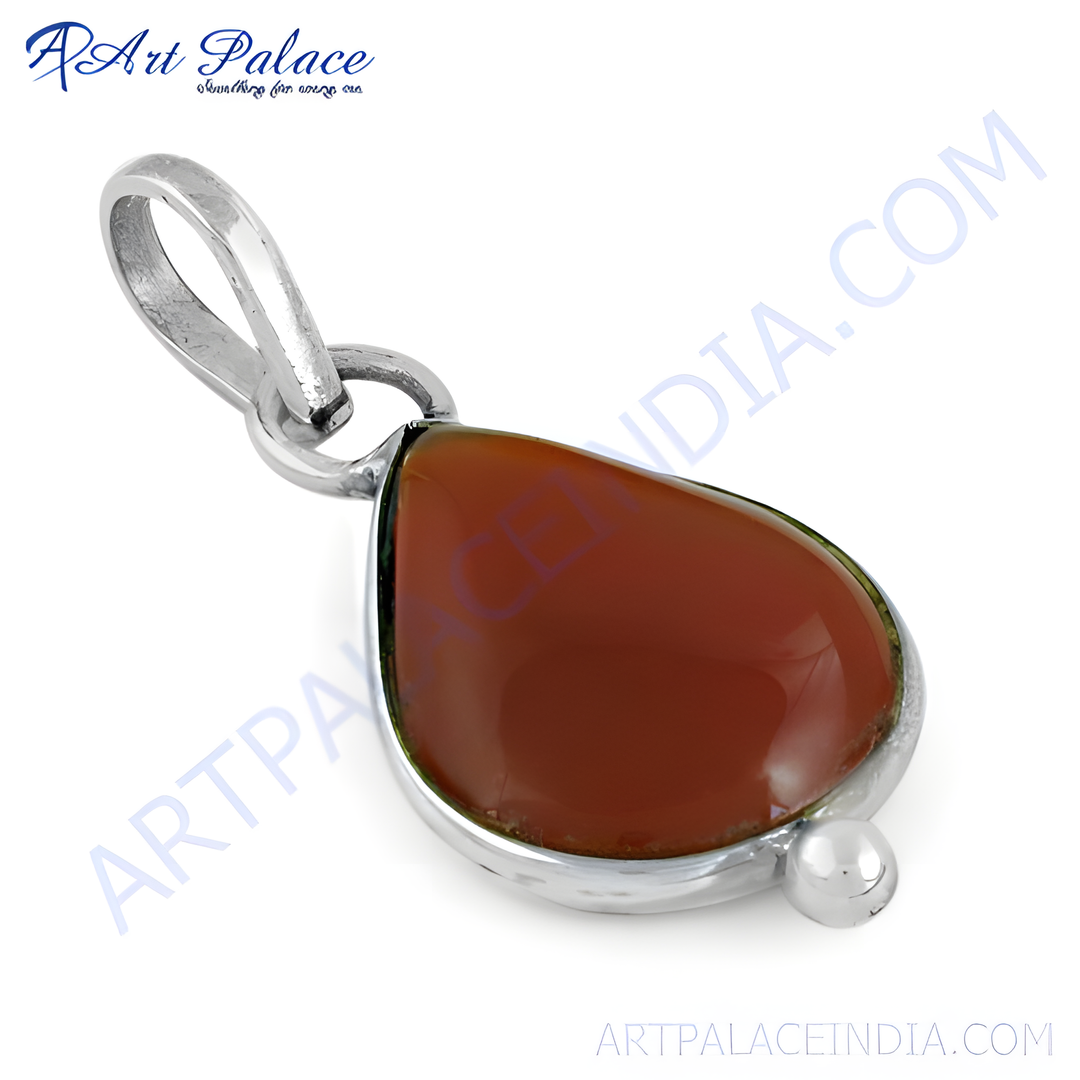 925 sterling silver carnelian teardrop pendant with a polished finish and vibrant red gemstone