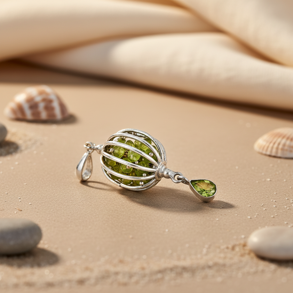 925 Silver Peridot Cage Pendant Necklace | Green Stone Jewelry
