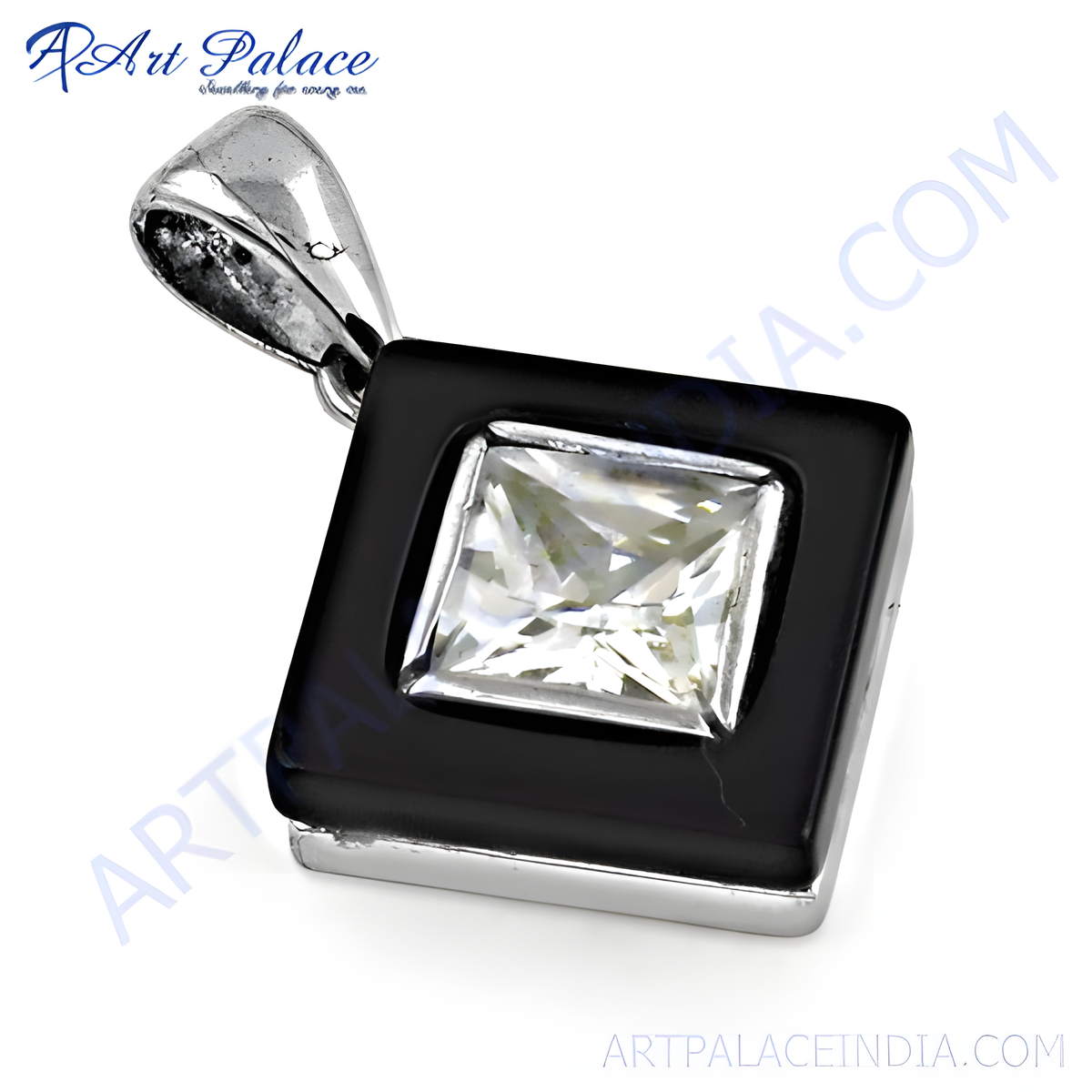 Sterling silver square pendant with black onyx setting and sparkling cubic zirconia gemstone