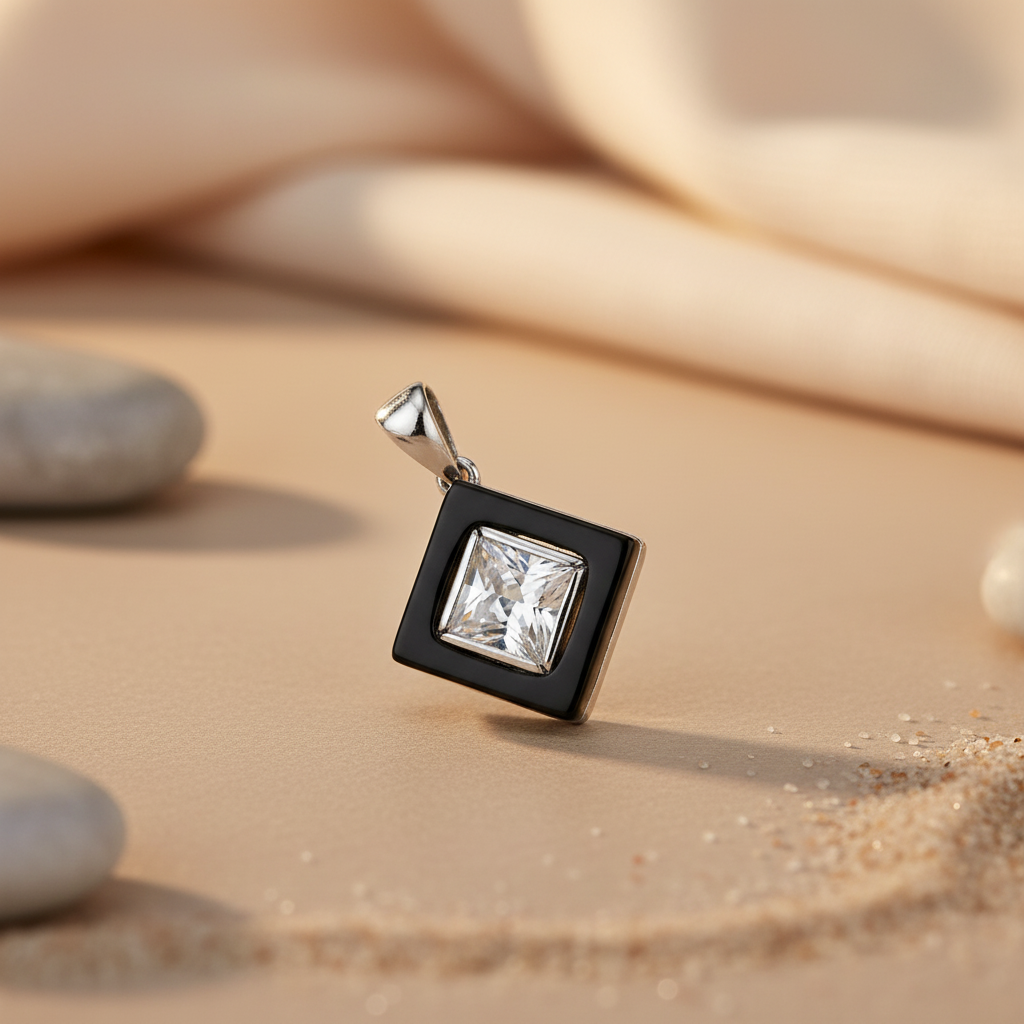 Silver Onyx & Cubic Zirconia Pendant for Women | Square Jewelry