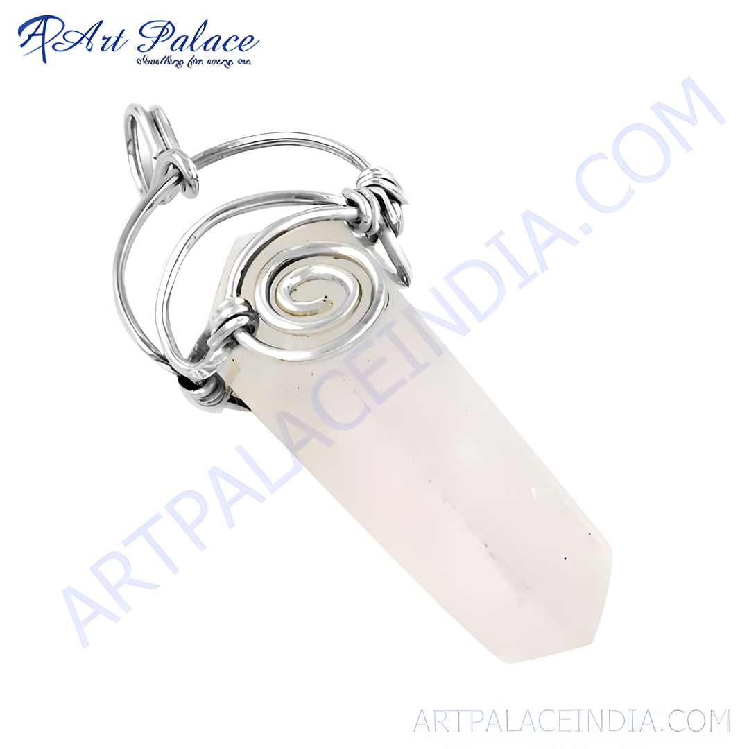 Silver pendant featuring a quartz crystal gemstone, showcasing a light color and an elegant design.