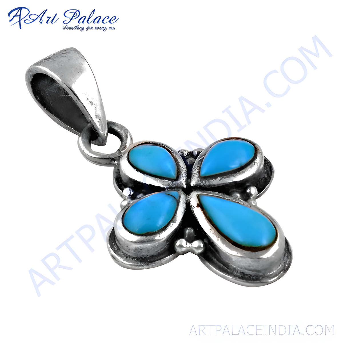 925 sterling silver flower pendant with four turquoise gemstone petals