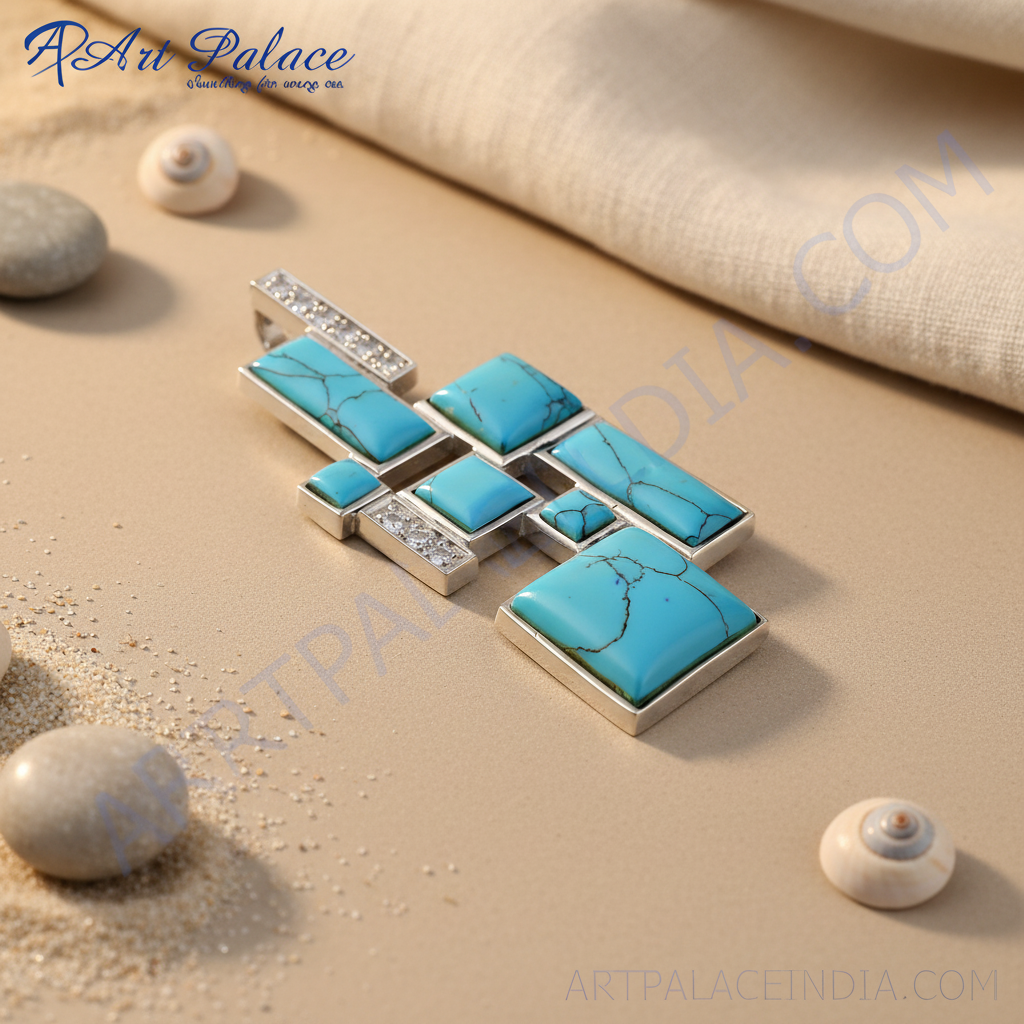 Silver Turquoise Pendant Necklace | Geometric Design for Women