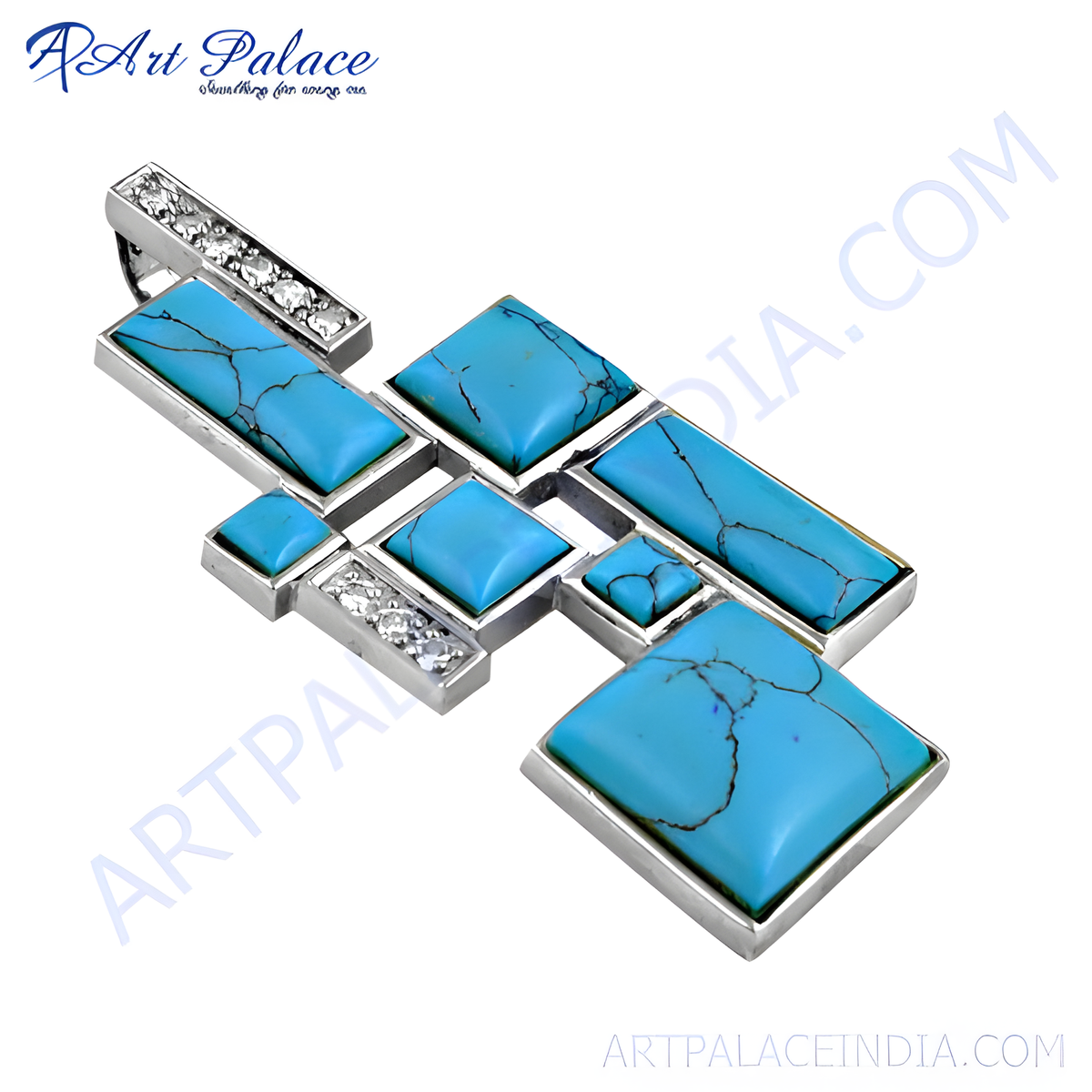 Sterling silver pendant necklace with turquoise gemstones in a unique geometric design