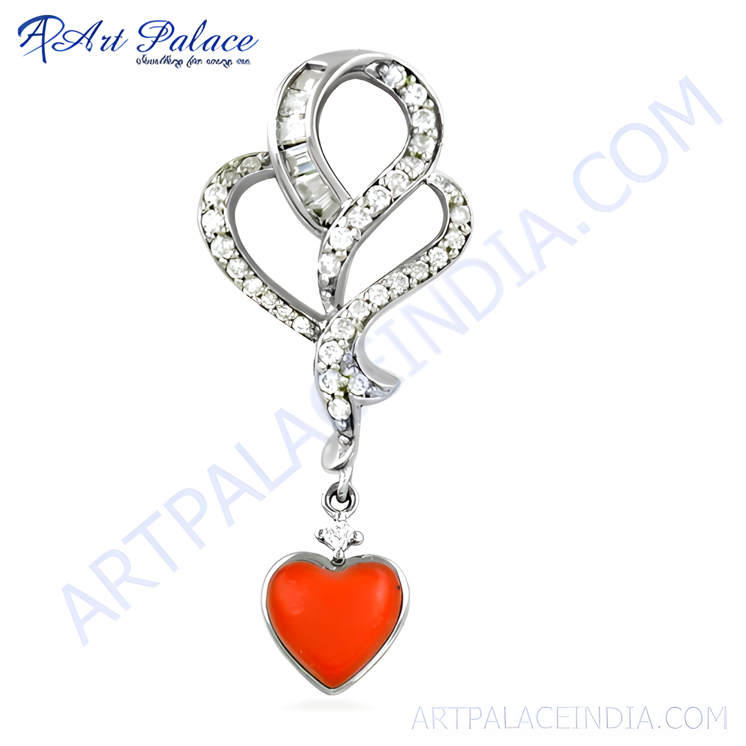 925 sterling silver pendant necklace featuring a heart-shaped orange coral gemstone.