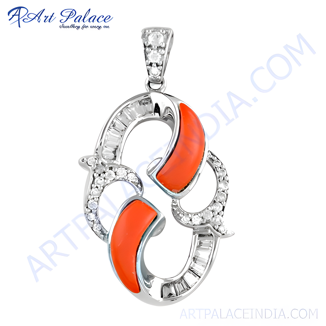 Sterling silver pendant necklace with bright orange coral gemstones and clear cubic zirconia accents