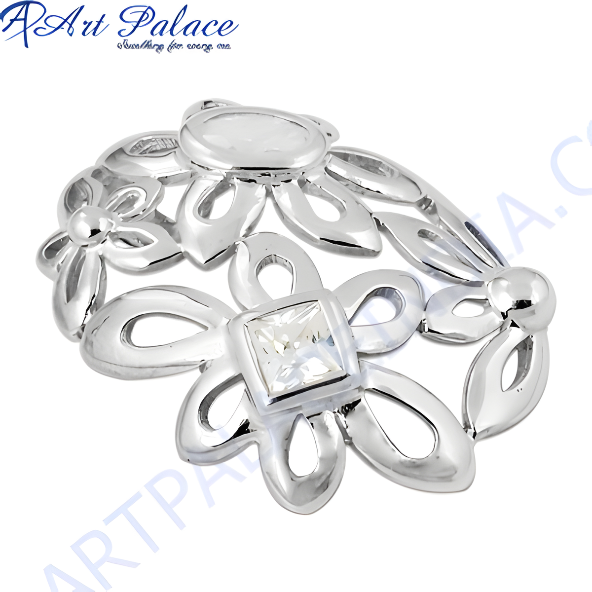 Silver flower ring with a square cubic zirconia center stone