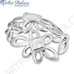 Load image into Gallery viewer, Silver flower ring with a square cubic zirconia center stone. Fashion jewelry for women.
