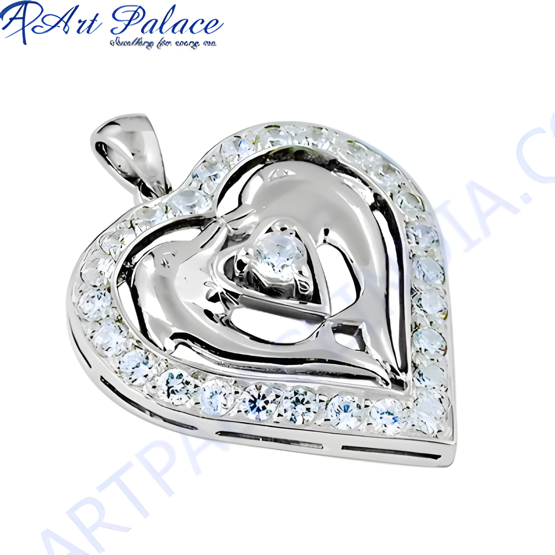 Sterling silver heart pendant necklace with diamond accents, elegant jewelry for women.